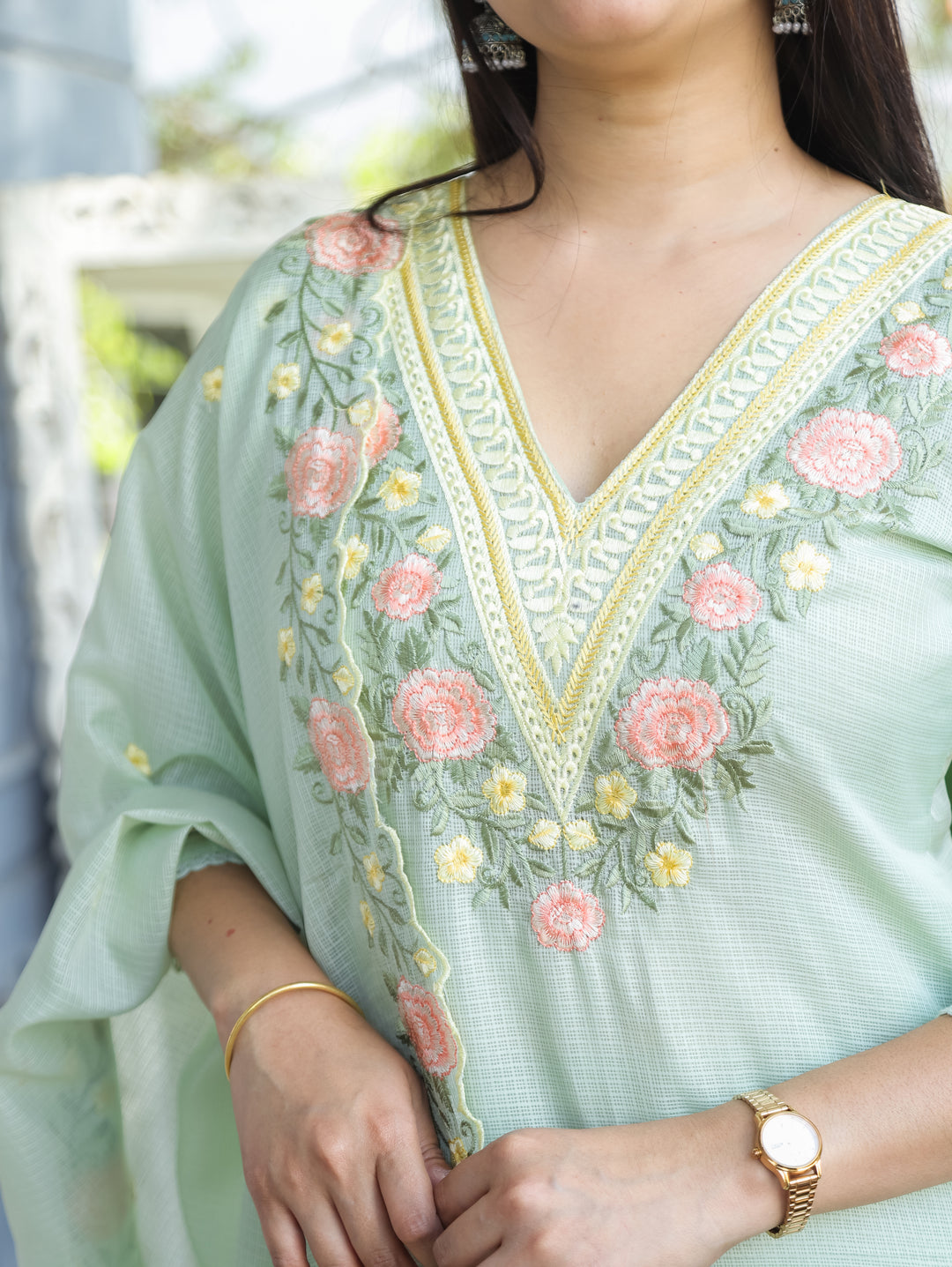 Chandbali MInty Green Floral Embroidered V Neck Work Kota Doriya 3 Piece Set