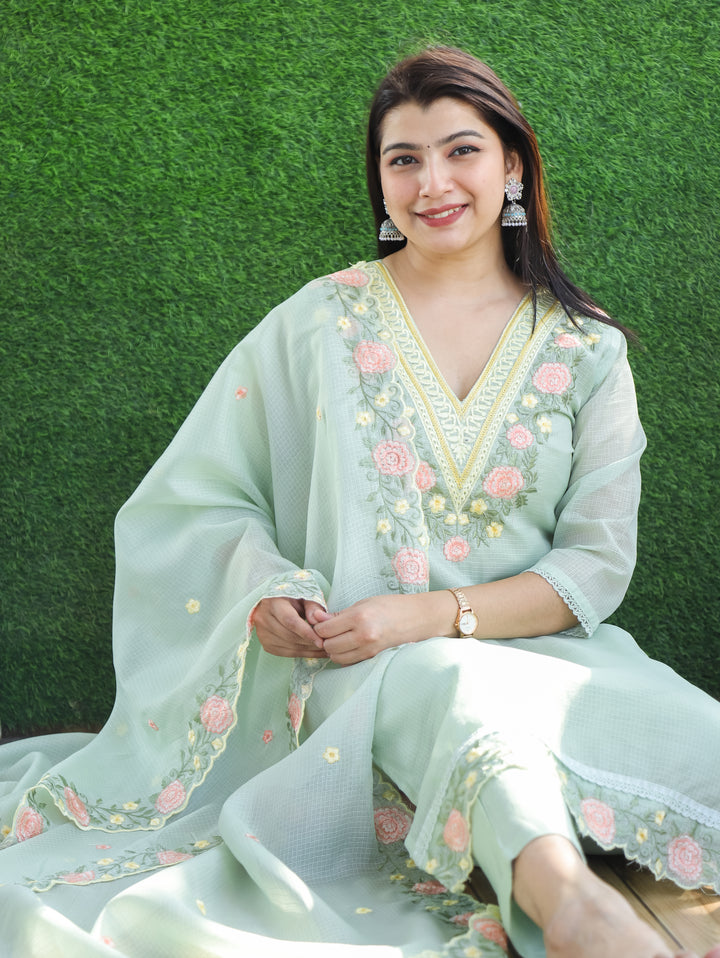 Chandbali MInty Green Floral Embroidered V Neck Work Kota Doriya 3 Piece Set