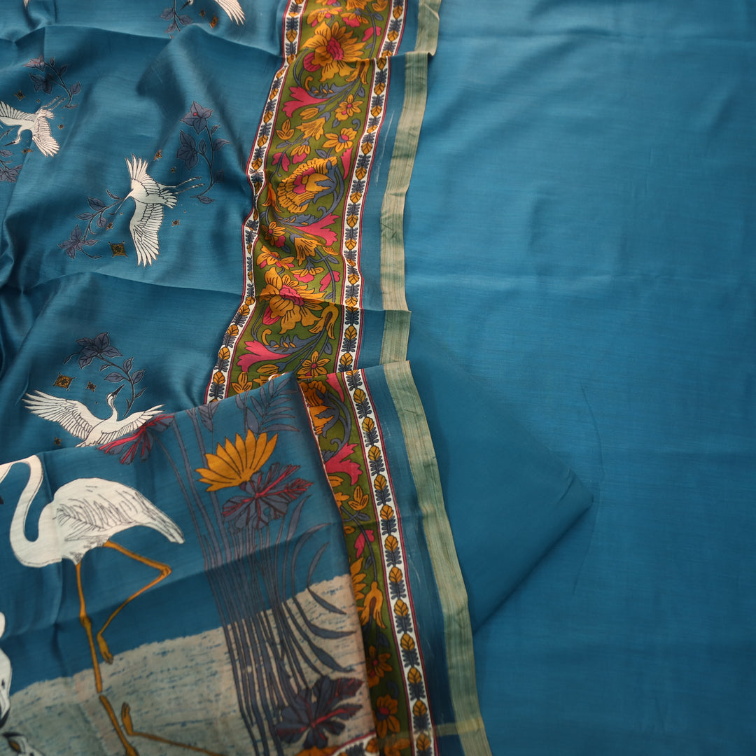 Pulvi Cerulean Blue Temple Style Jute Sleeve Work Maheswari Chanderi Set