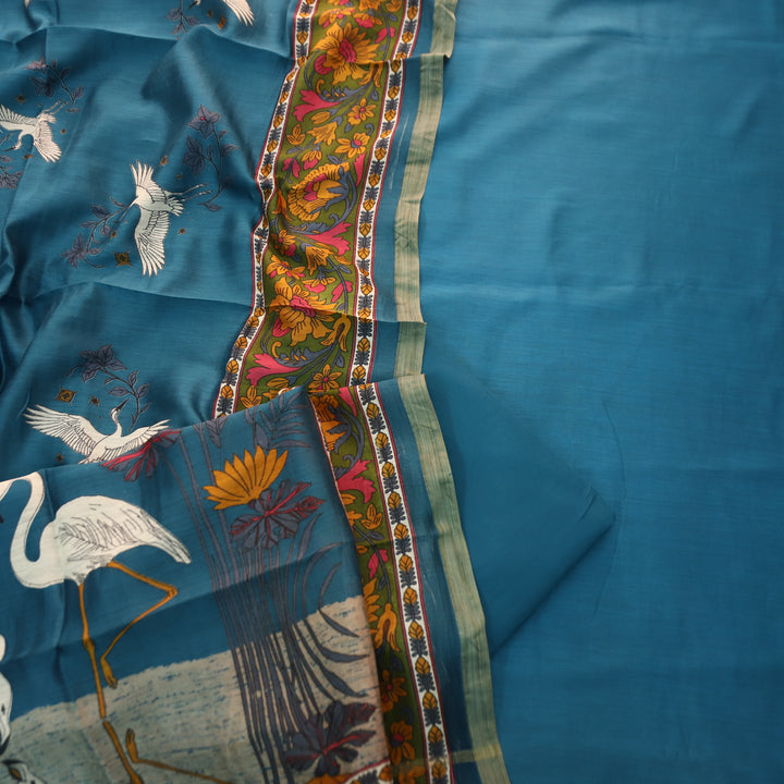 Pulvi Cerulean Blue Temple Style Jute Sleeve Work Maheswari Chanderi Set