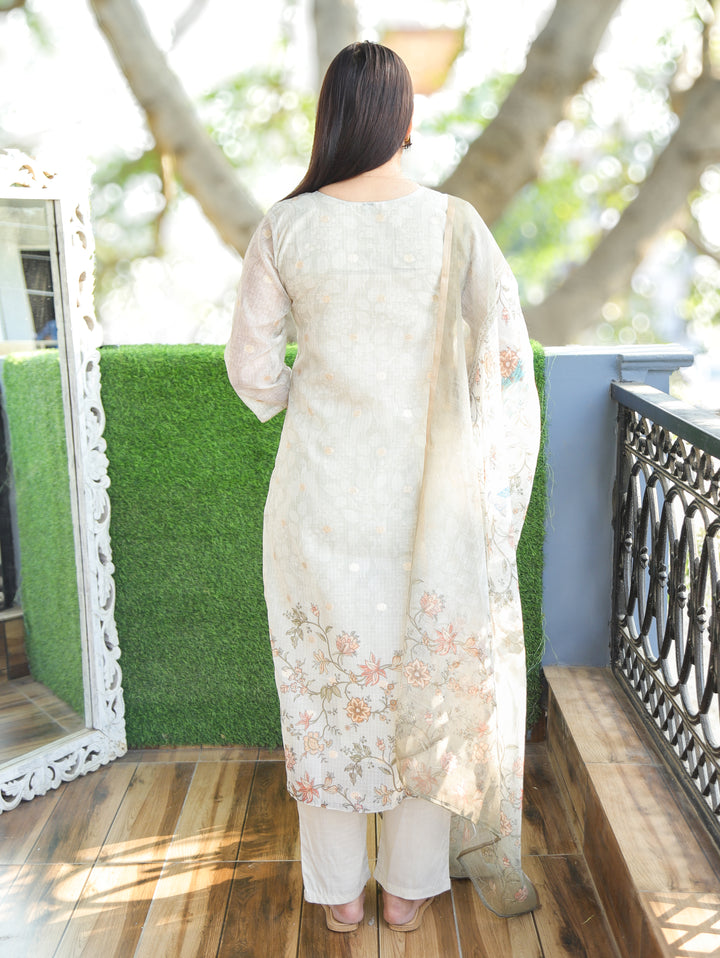 Chandbali Shadow Grey Peacock Print with French Knot Detailing Kota Doriya 3 Piece Set