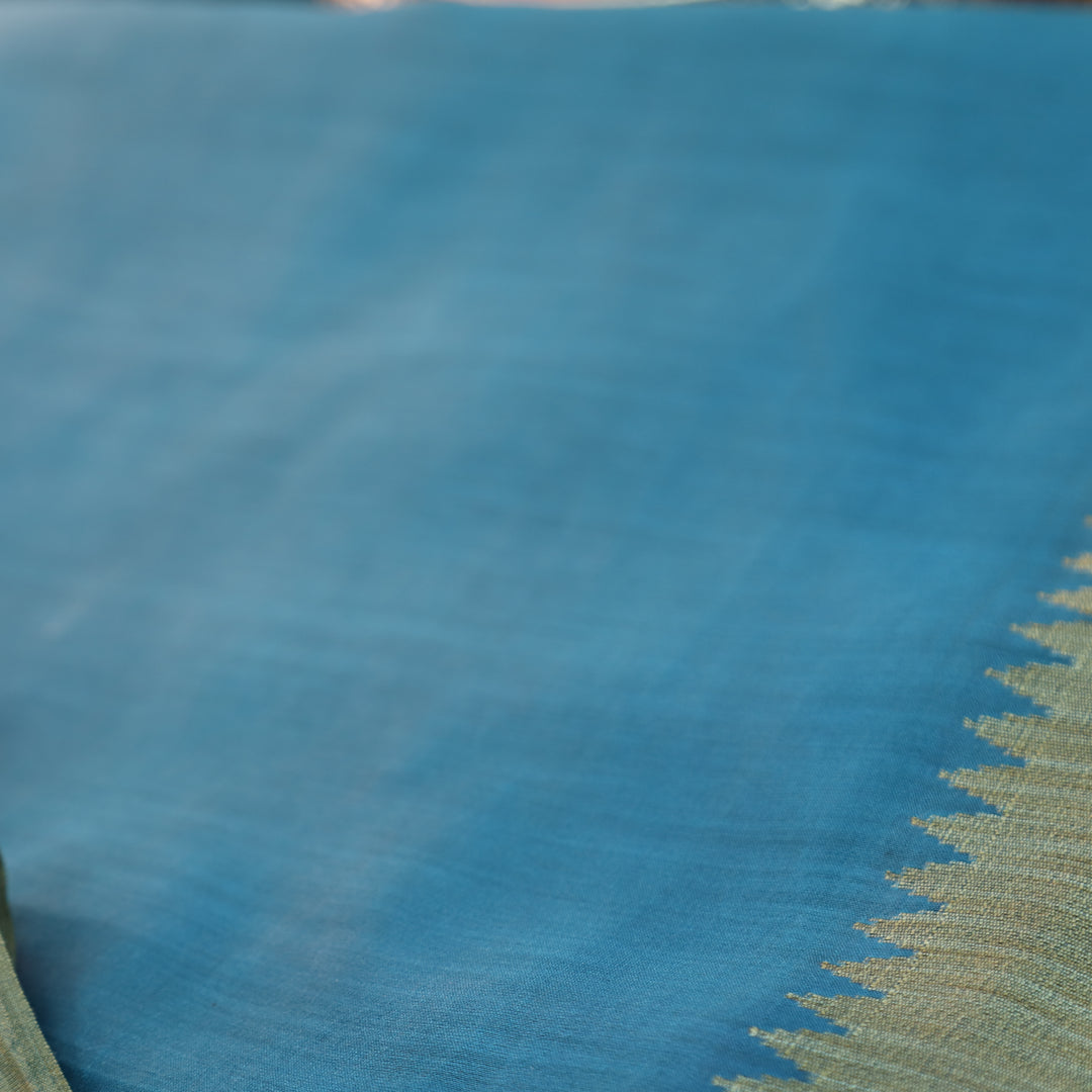 Pulvi Cerulean Blue Temple Style Jute Sleeve Work Maheswari Chanderi Set