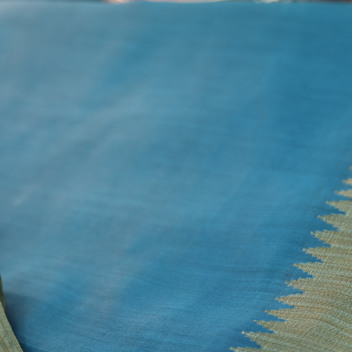 Pulvi Cerulean Blue Temple Style Jute Sleeve Work Maheswari Chanderi Set