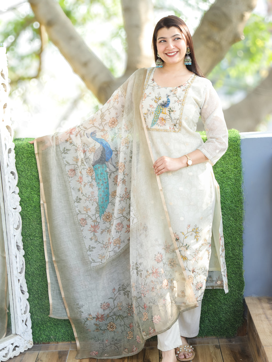 Chandbali Shadow Grey Peacock Print with French Knot Detailing Kota Doriya 3 Piece Set