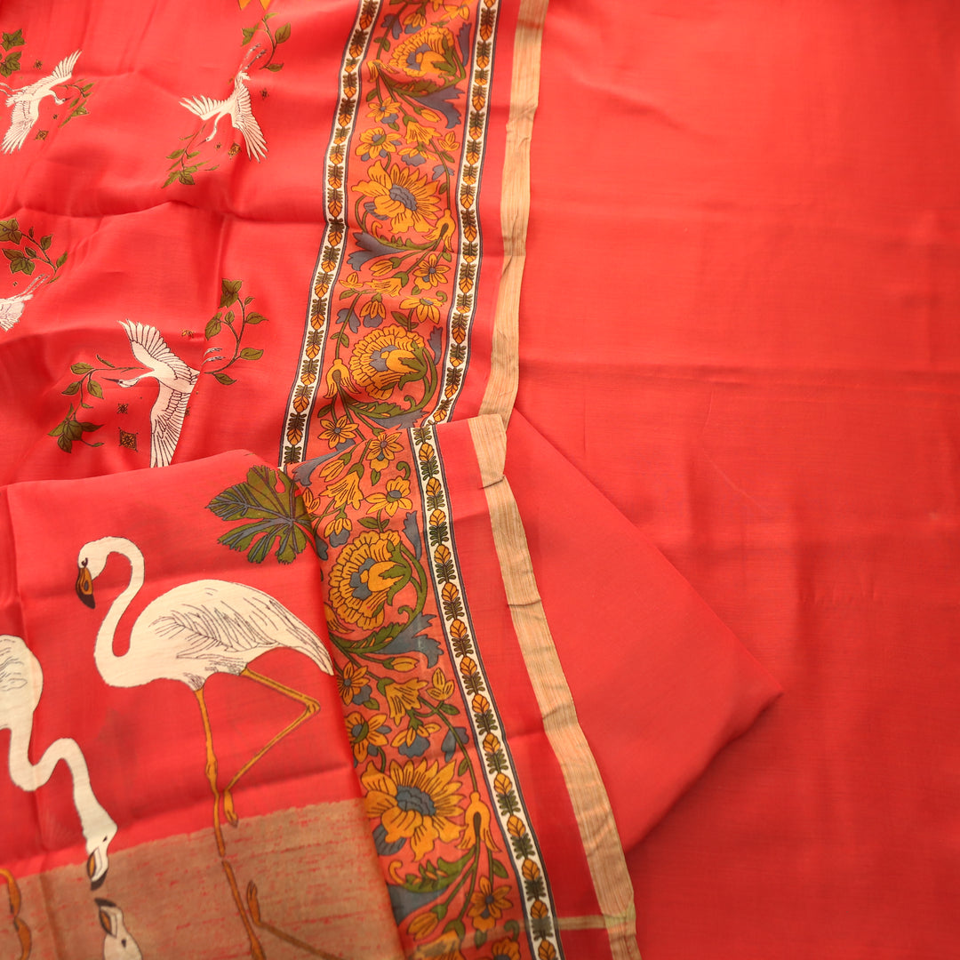 Pulvi Tangerine Rust Temple Style Jute Sleeve Work Maheswari Chanderi Set