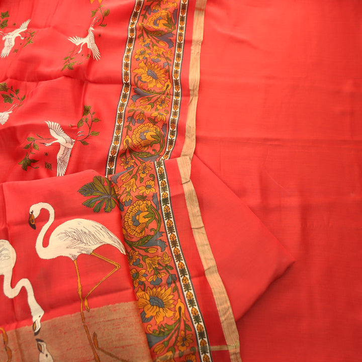 Pulvi Tangerine Rust Temple Style Jute Sleeve Work Maheswari Chanderi Set