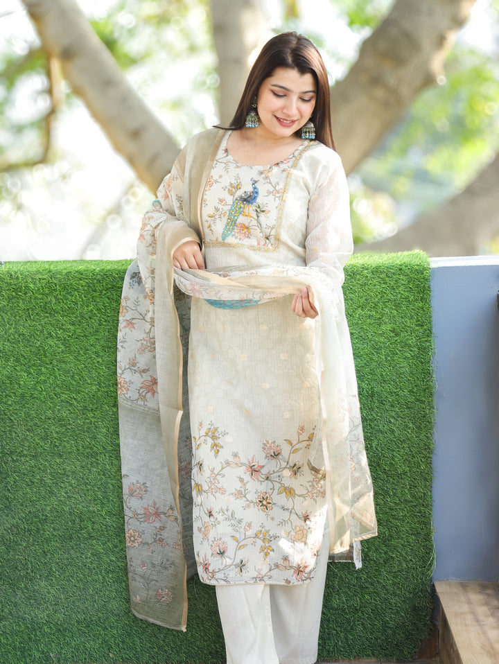 Chandbali Shadow Grey Peacock Print with French Knot Detailing Kota Doriya 3 Piece Set