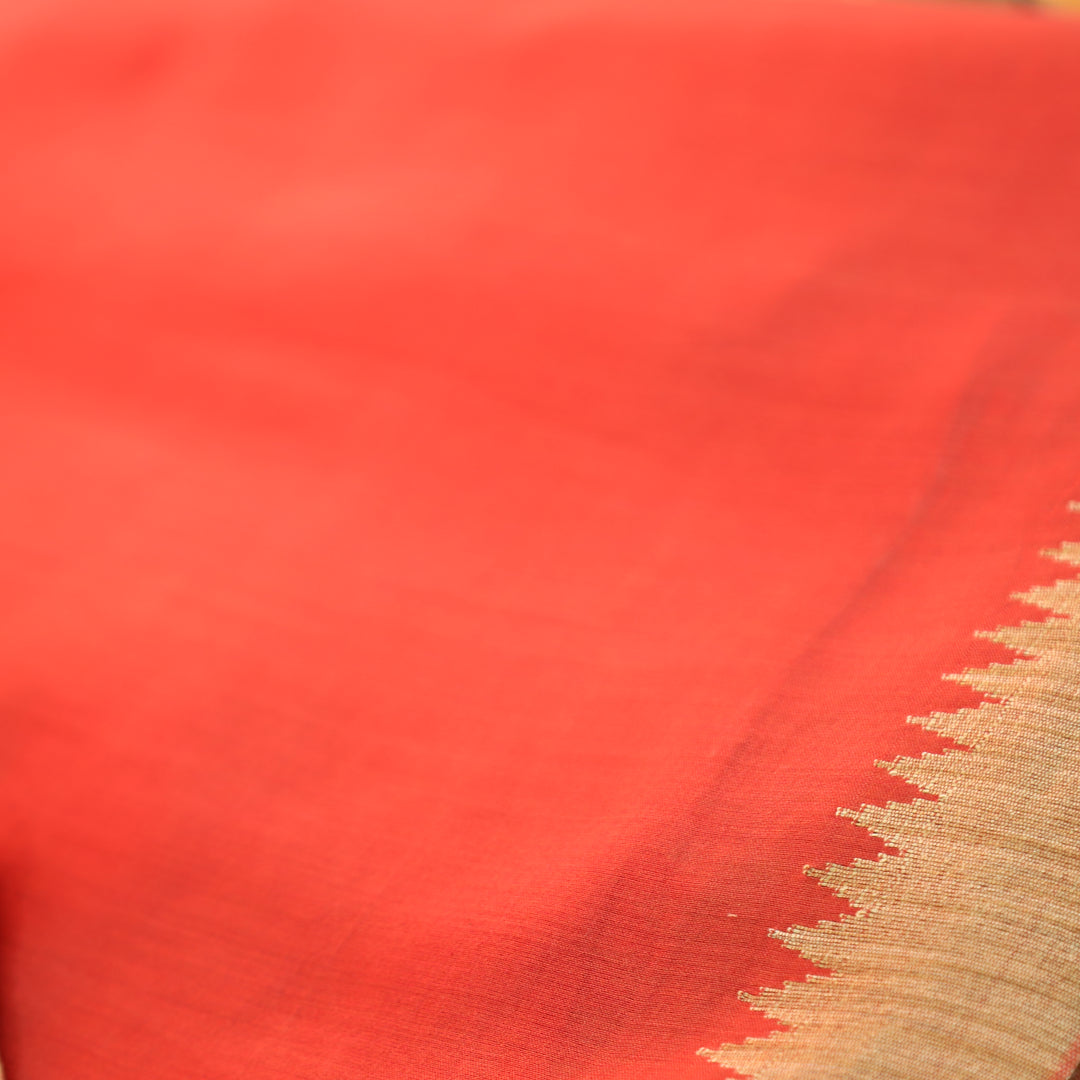 Pulvi Tangerine Rust Temple Style Jute Sleeve Work Maheswari Chanderi Set