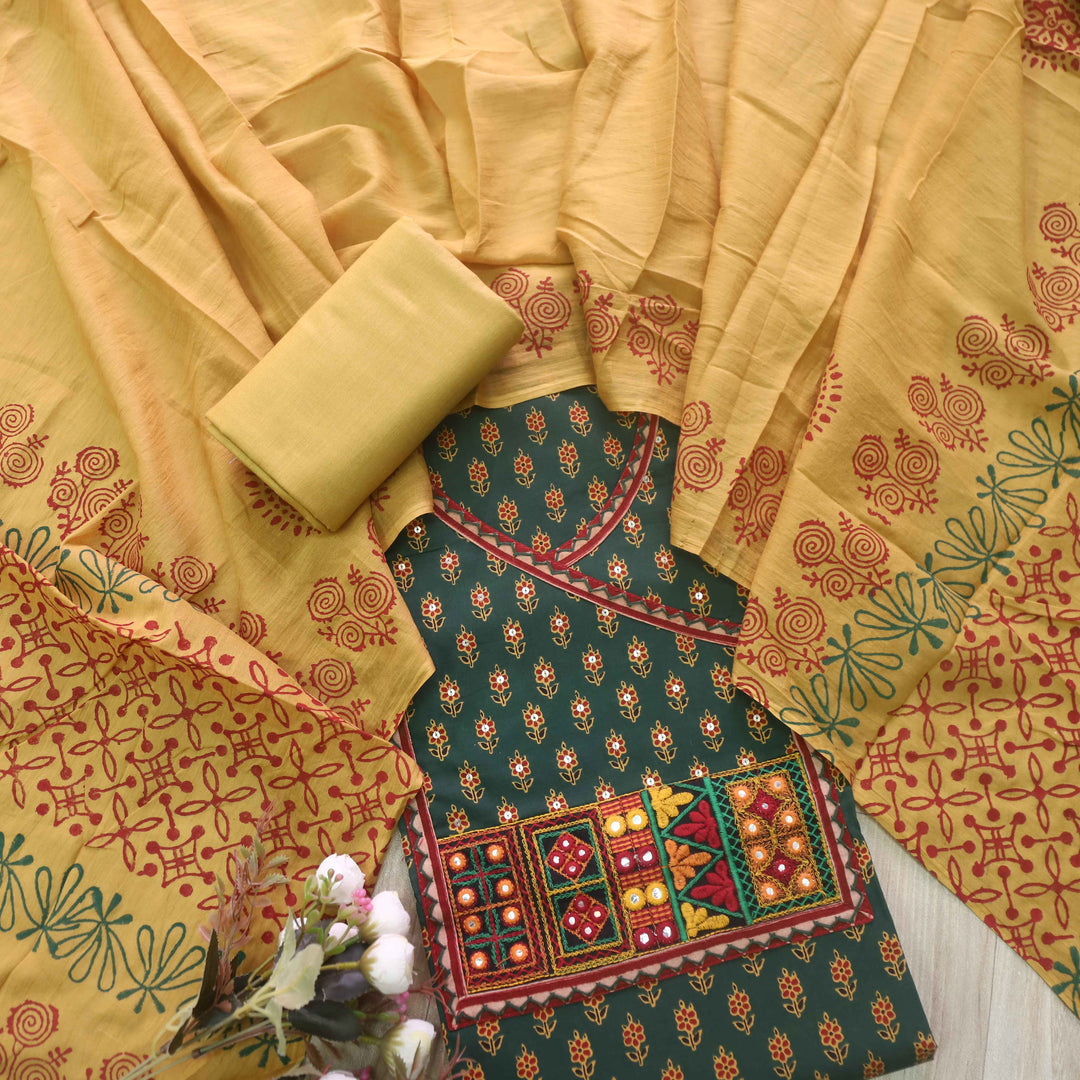 Falak Forest Green Angrakha Style Neck Ajrak Printed Cotton Suit Set