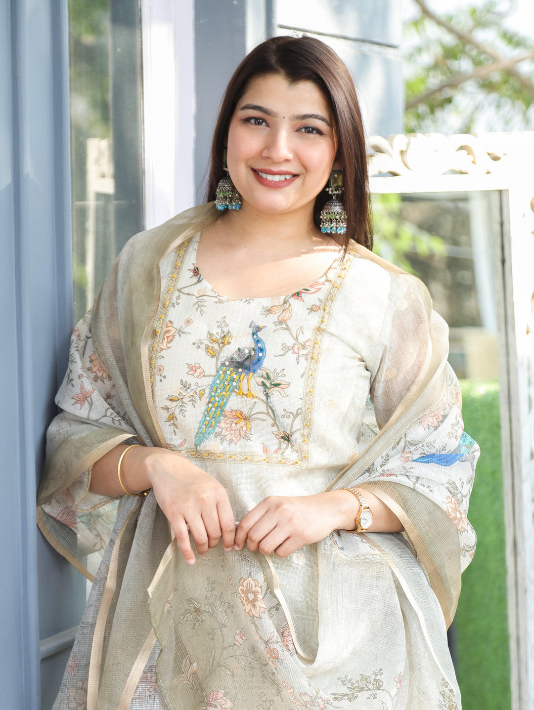 Chandbali Shadow Grey Peacock Print with French Knot Detailing Kota Doriya 3 Piece Set