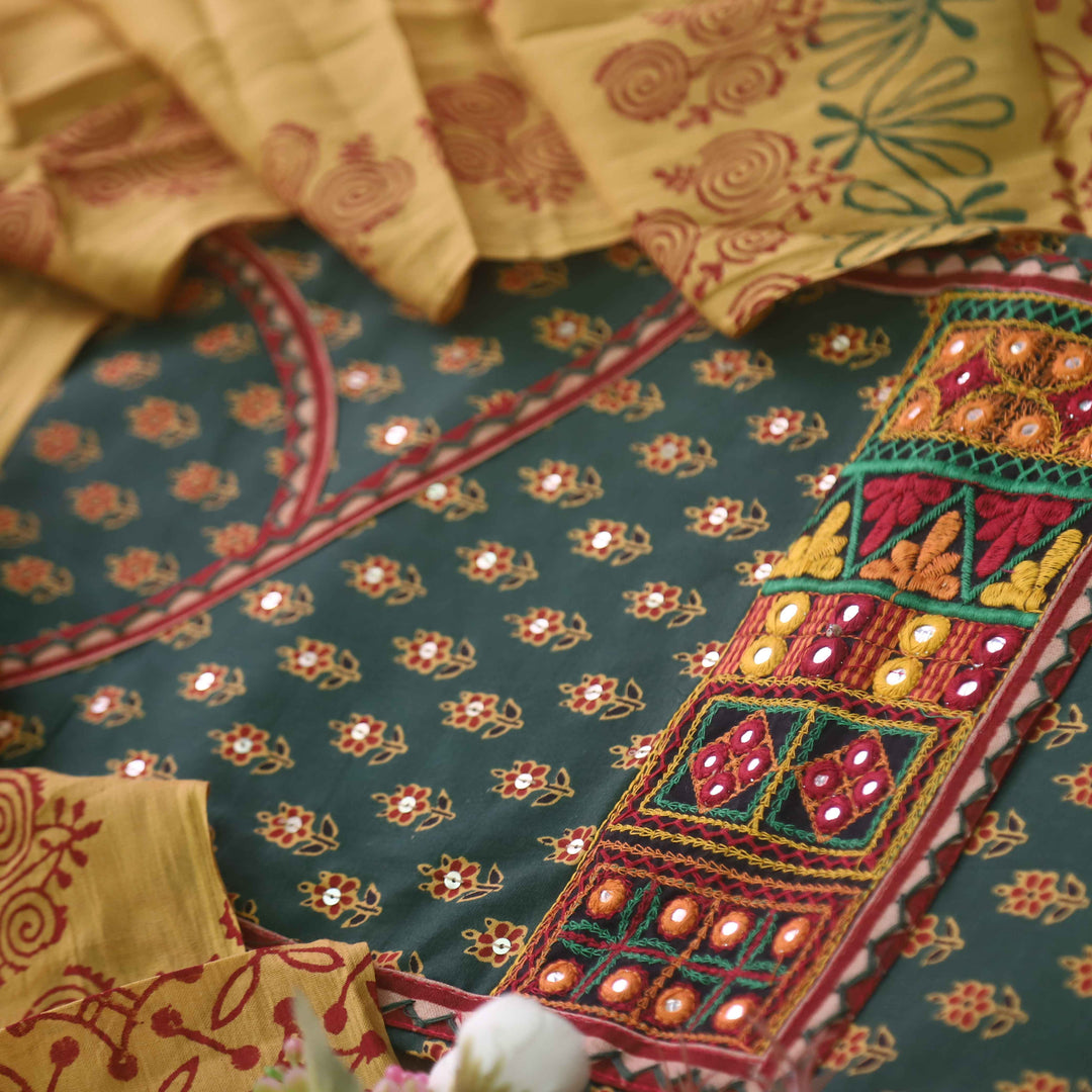 Falak Forest Green Angrakha Style Neck Ajrak Printed Cotton Suit Set