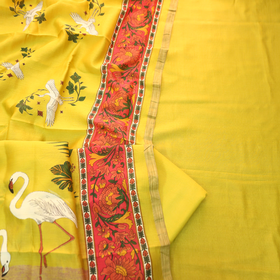Pulvi Dijon Yellow Temple Style Jute Sleeve Work Maheswari Chanderi Set