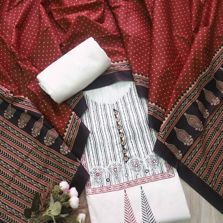 Salaari Sand White with Red Dupatta Mirror and Block Print Khadi Cotton Suit Set