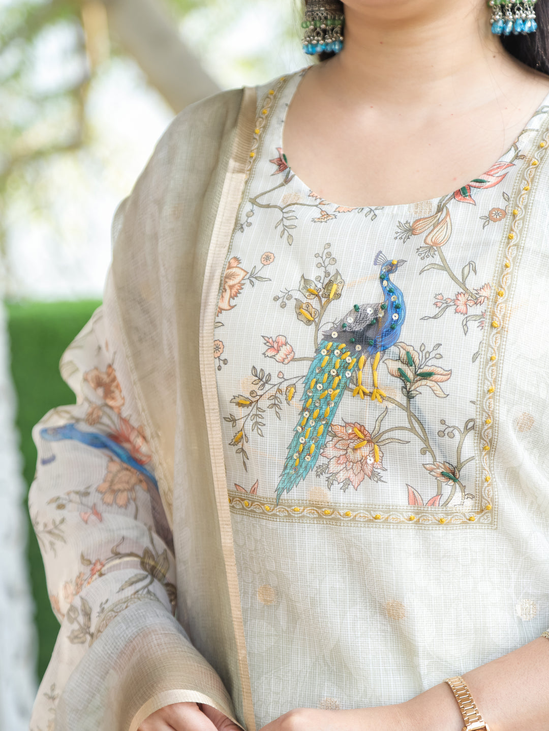 Chandbali Shadow Grey Peacock Print with French Knot Detailing Kota Doriya 3 Piece Set
