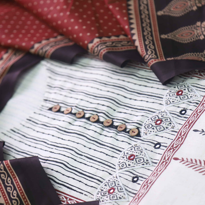 Salaari Sand White with Red Dupatta Mirror and Block Print Khadi Cotton Suit Set