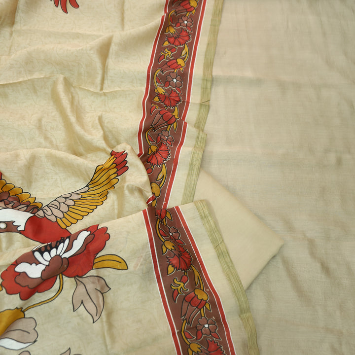 Pulvi Sand Beige Temple Style Jute Sleeve Work Maheswari Chanderi Set