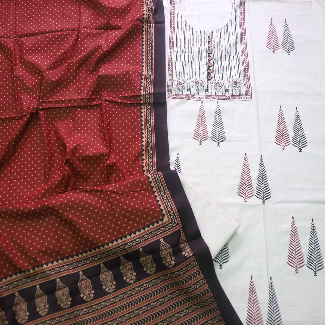 Salaari Sand White with Red Dupatta Mirror and Block Print Khadi Cotton Suit Set