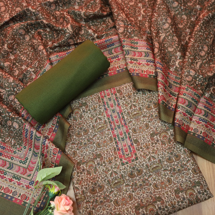 यशिका Leaf Green All Over Intricate Digital Printed Semi Pashmina Winter Set