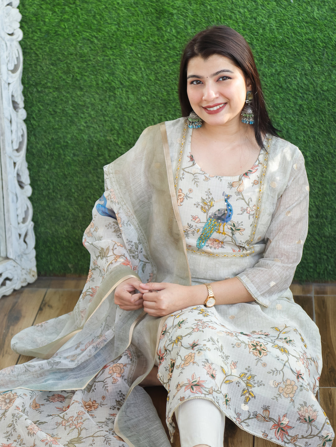 Chandbali Shadow Grey Peacock Print with French Knot Detailing Kota Doriya 3 Piece Set