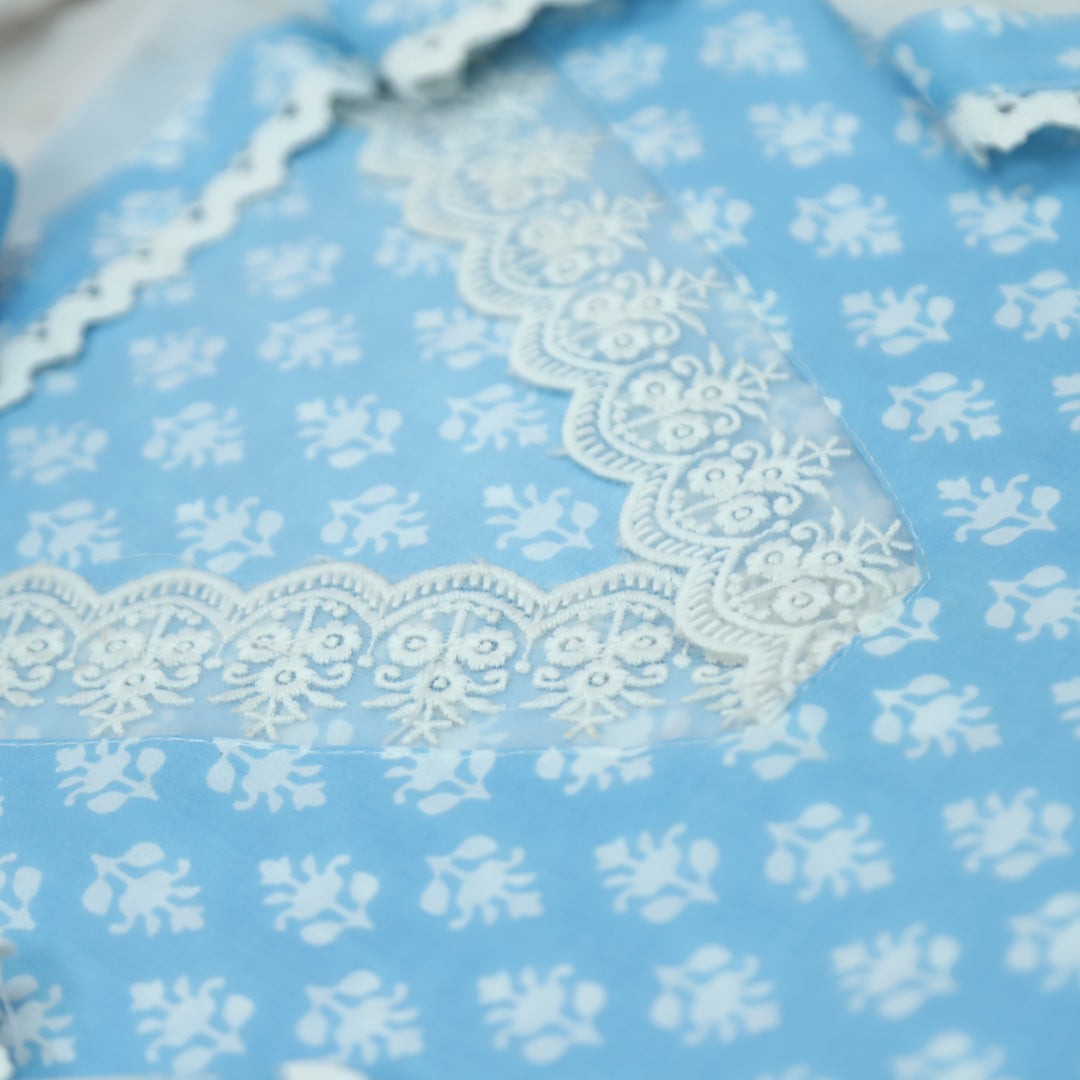 Aashna Piper Blue Floral Printed V Neck Lace Work Cotton Set