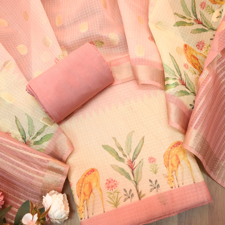Saloni Pumpkin Peach Digital Floral and Deer Printed Kota Doriya Suit Set