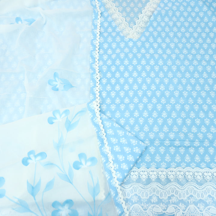 Aashna Piper Blue Floral Printed V Neck Lace Work Cotton Set