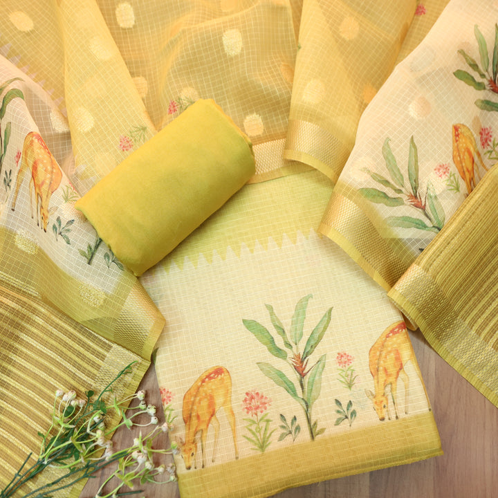 Saloni Sunflower Yellow Digital Floral and Deer Printed Kota Doriya Suit Set