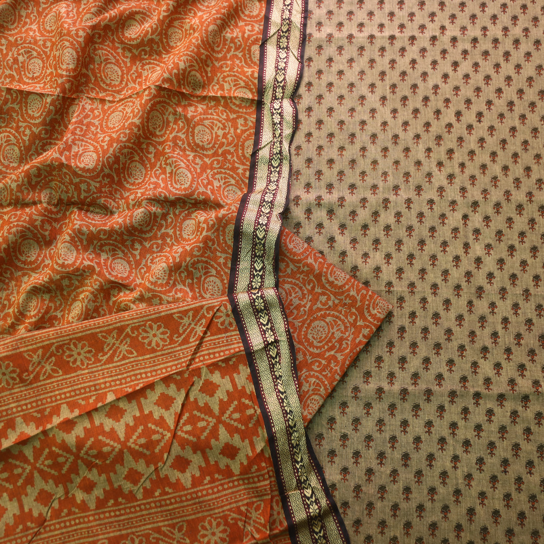 इश्क Beige with Dark Tangerine Digital Printed Mangalgiri Hem Work Cotton Suit Set