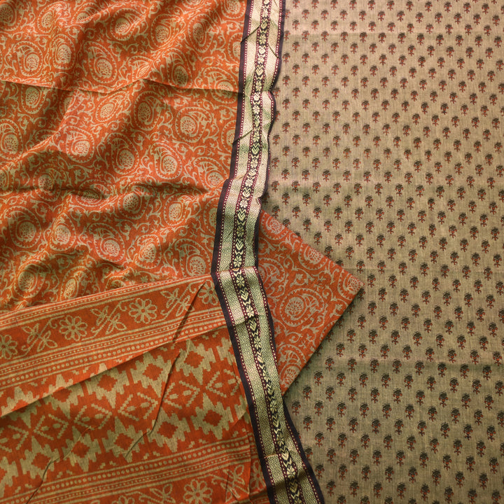 इश्क Beige with Dark Tangerine Digital Printed Mangalgiri Hem Work Cotton Suit Set