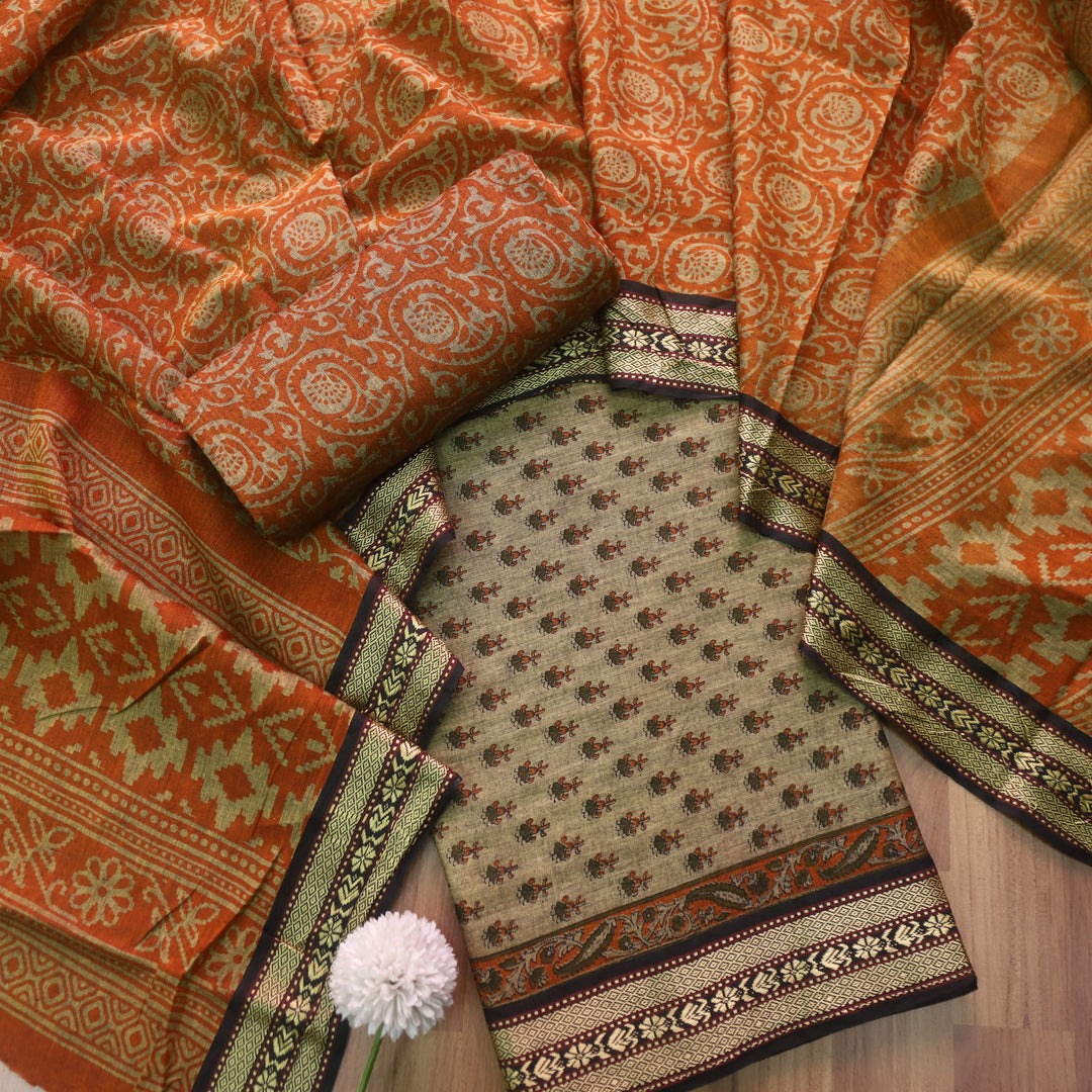 इश्क Beige with Dark Tangerine Digital Printed Mangalgiri Hem Work Cotton Suit Set