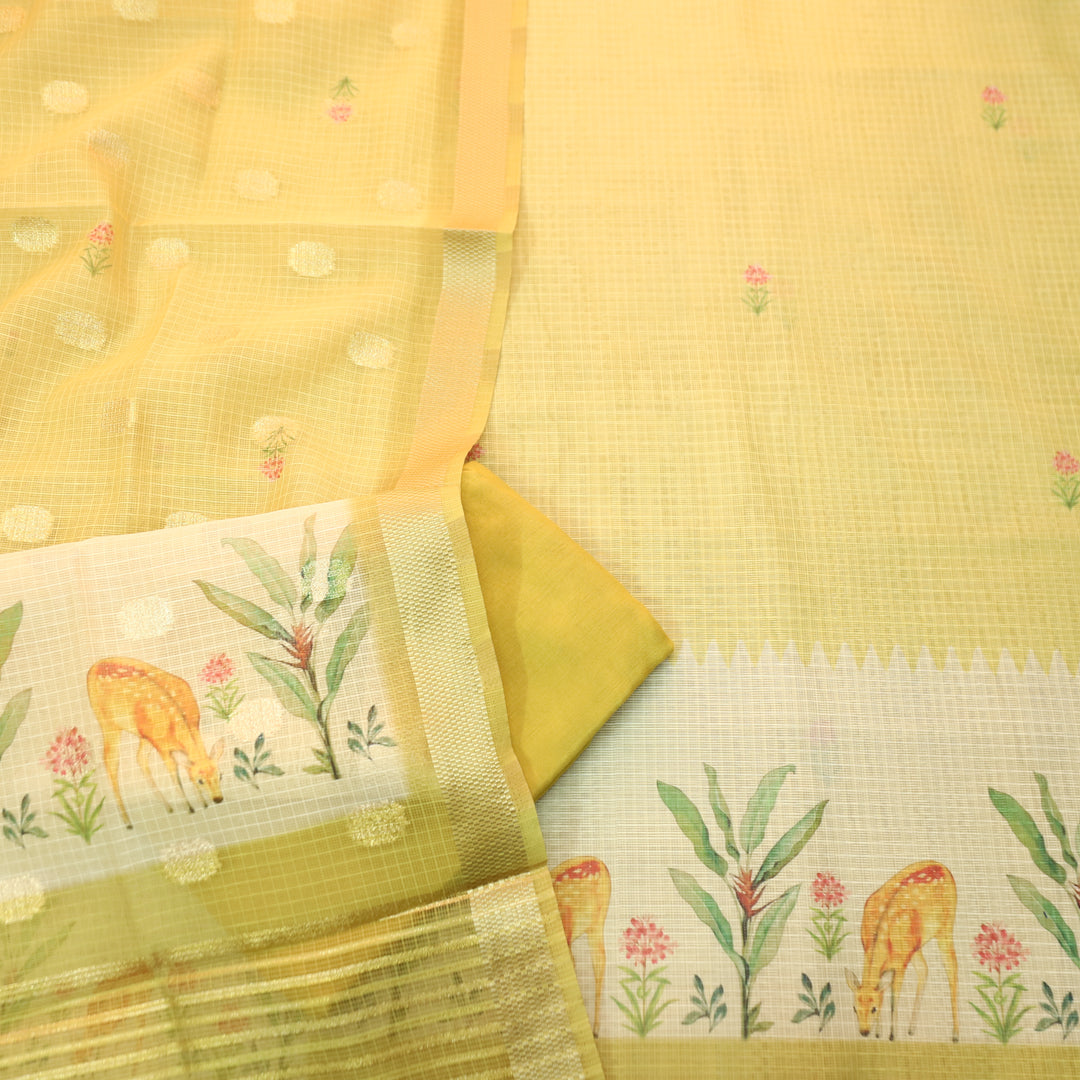 Saloni Sunflower Yellow Digital Floral and Deer Printed Kota Doriya Suit Set