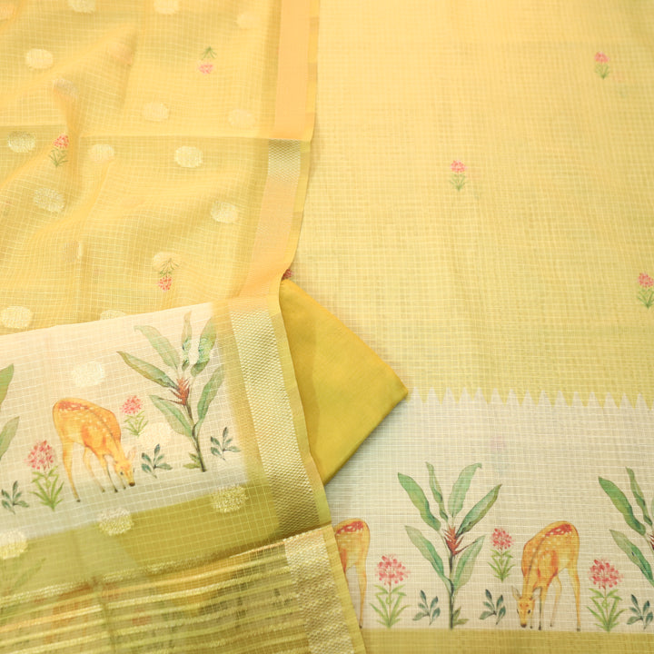 Saloni Sunflower Yellow Digital Floral and Deer Printed Kota Doriya Suit Set