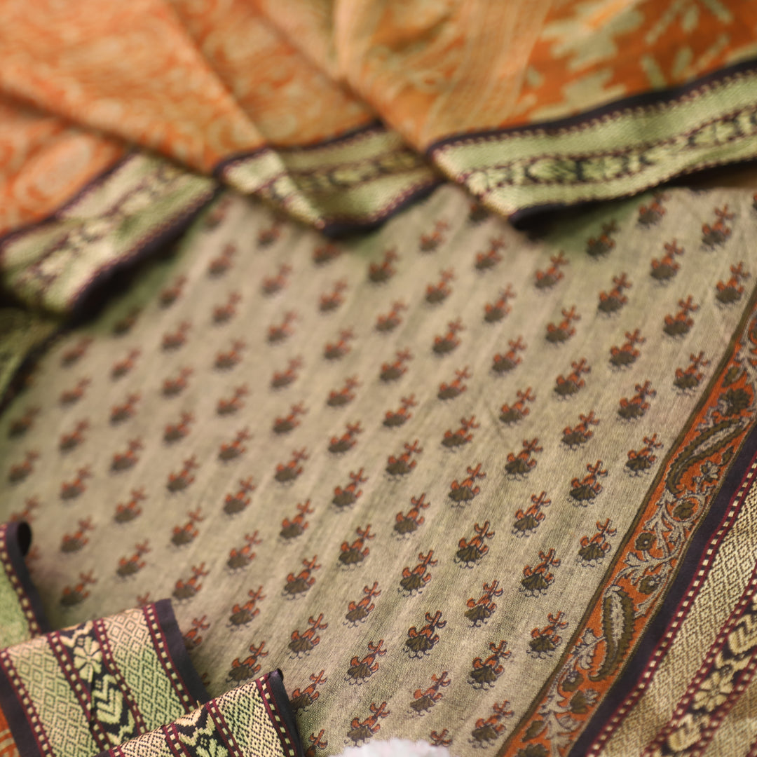 इश्क Beige with Dark Tangerine Digital Printed Mangalgiri Hem Work Cotton Suit Set