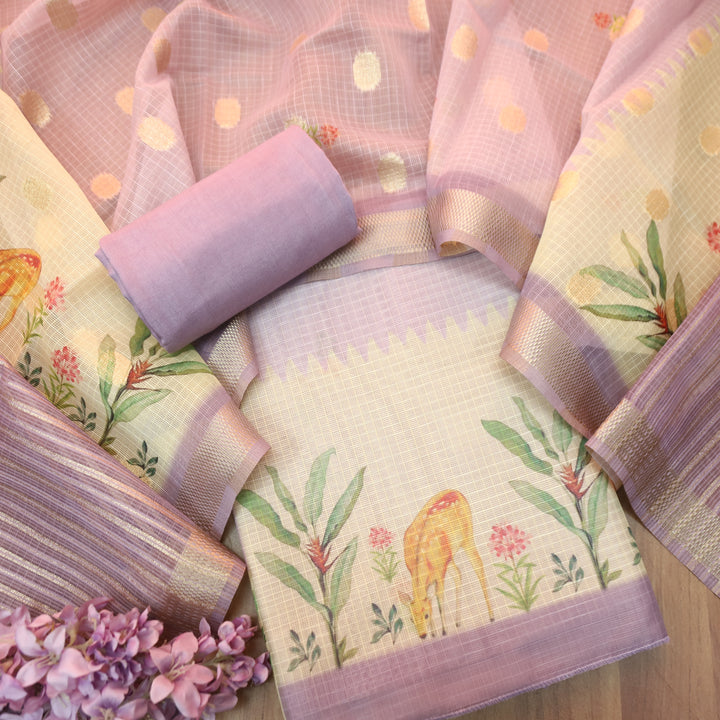 Saloni Lavish Lavender Digital Floral and Deer Printed Kota Doriya Suit Set