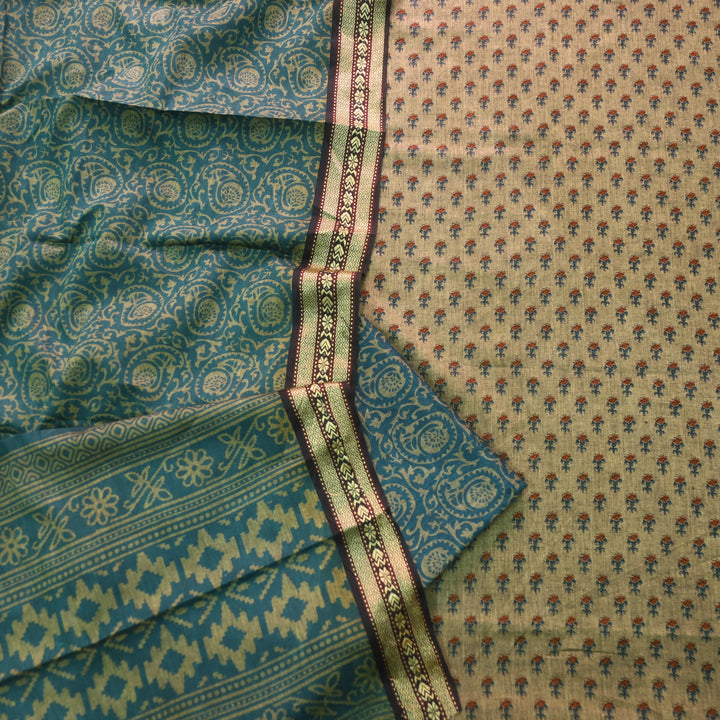 इश्क Beige with Dark Teal Digital Printed Mangalgiri Hem Work Cotton Suit Set