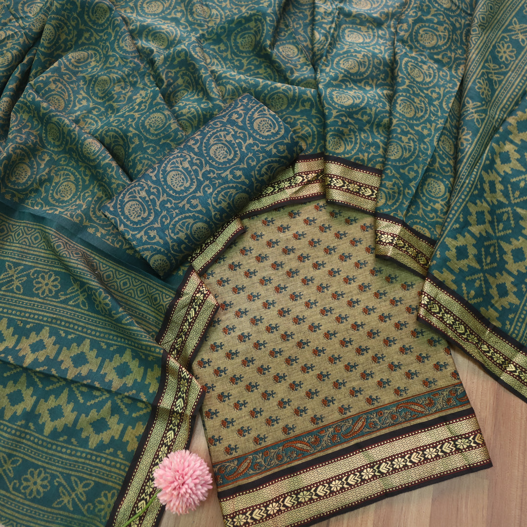 इश्क Beige with Dark Teal Digital Printed Mangalgiri Hem Work Cotton Suit Set