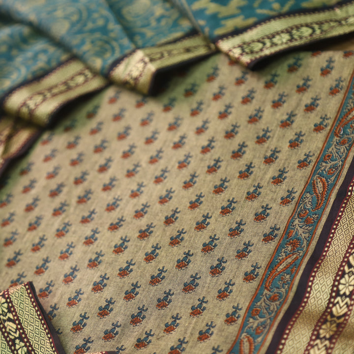 इश्क Beige with Dark Teal Digital Printed Mangalgiri Hem Work Cotton Suit Set