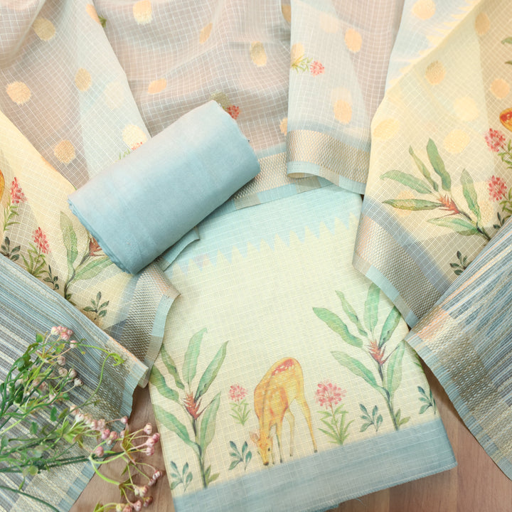 Saloni Powder Blue Digital Floral and Deer Printed Kota Doriya Suit Set