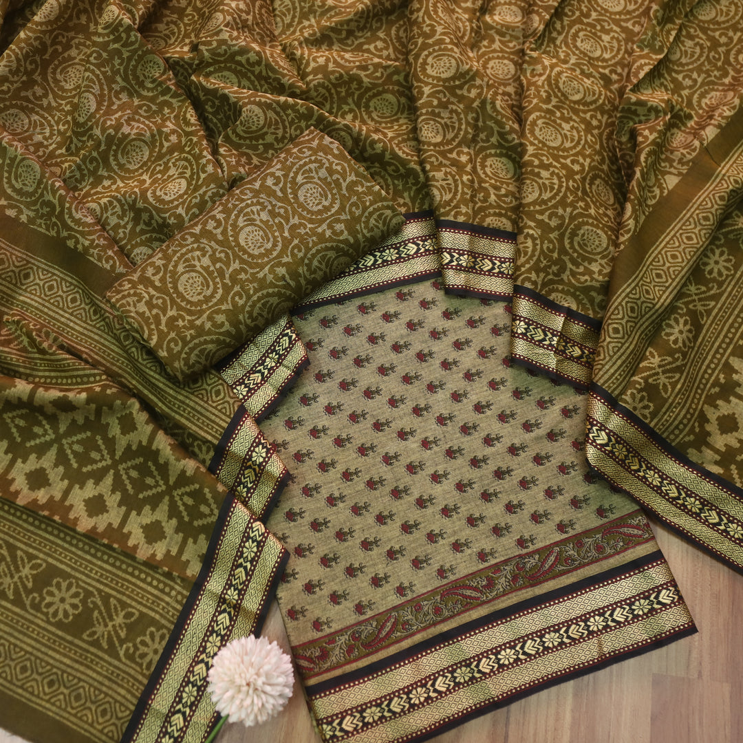 इश्क Beige with Olive Green Digital Printed Mangalgiri Hem Work Cotton Suit Set