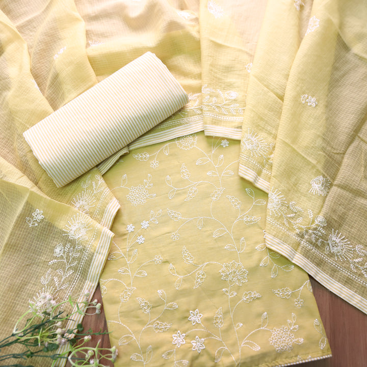 Jiya Leaf Yellow All Over Embroidered Cotton Set