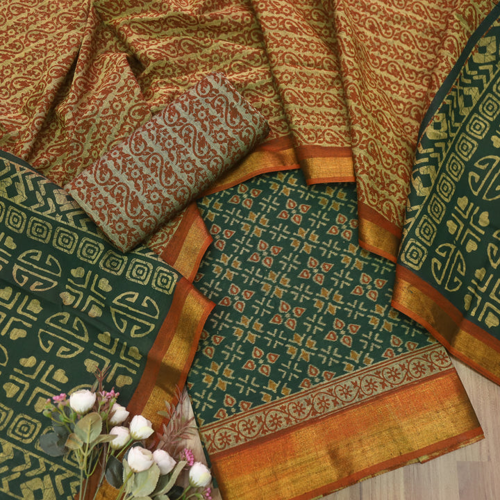 Kaasvi Pine Green Patola Printed Mangalgiri Hem Work Cotton Suit Set