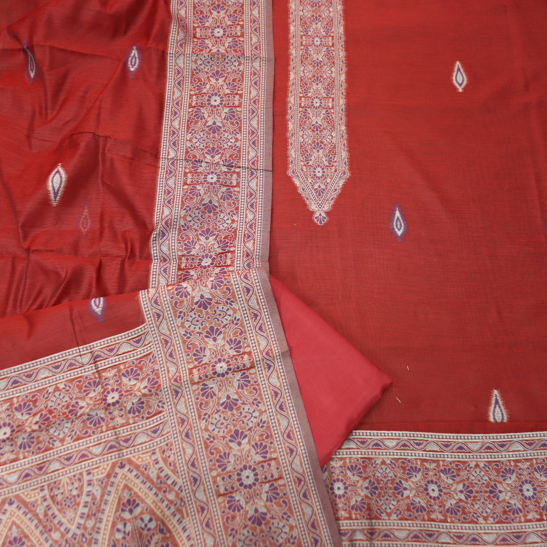 Khavaat Berry Red Thread with Authentic Jamdani Weaved Hem Chanderi Suit Set