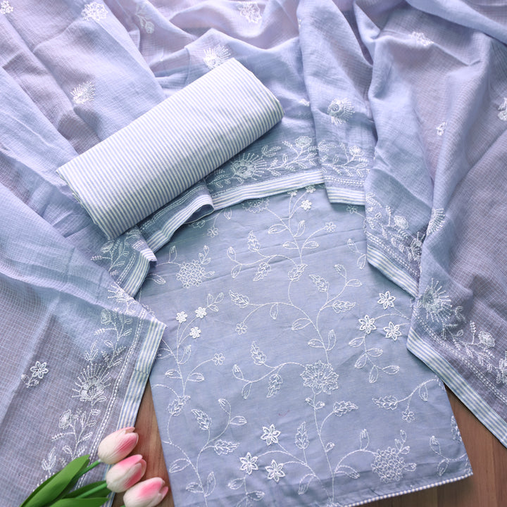 Jiya Greish Blue All Over Embroidered Cotton Set