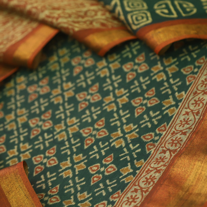 Kaasvi Pine Green Patola Printed Mangalgiri Hem Work Cotton Suit Set