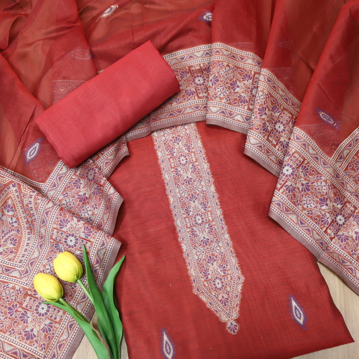 Khavaat Berry Red Thread with Authentic Jamdani Weaved Hem Chanderi Suit Set