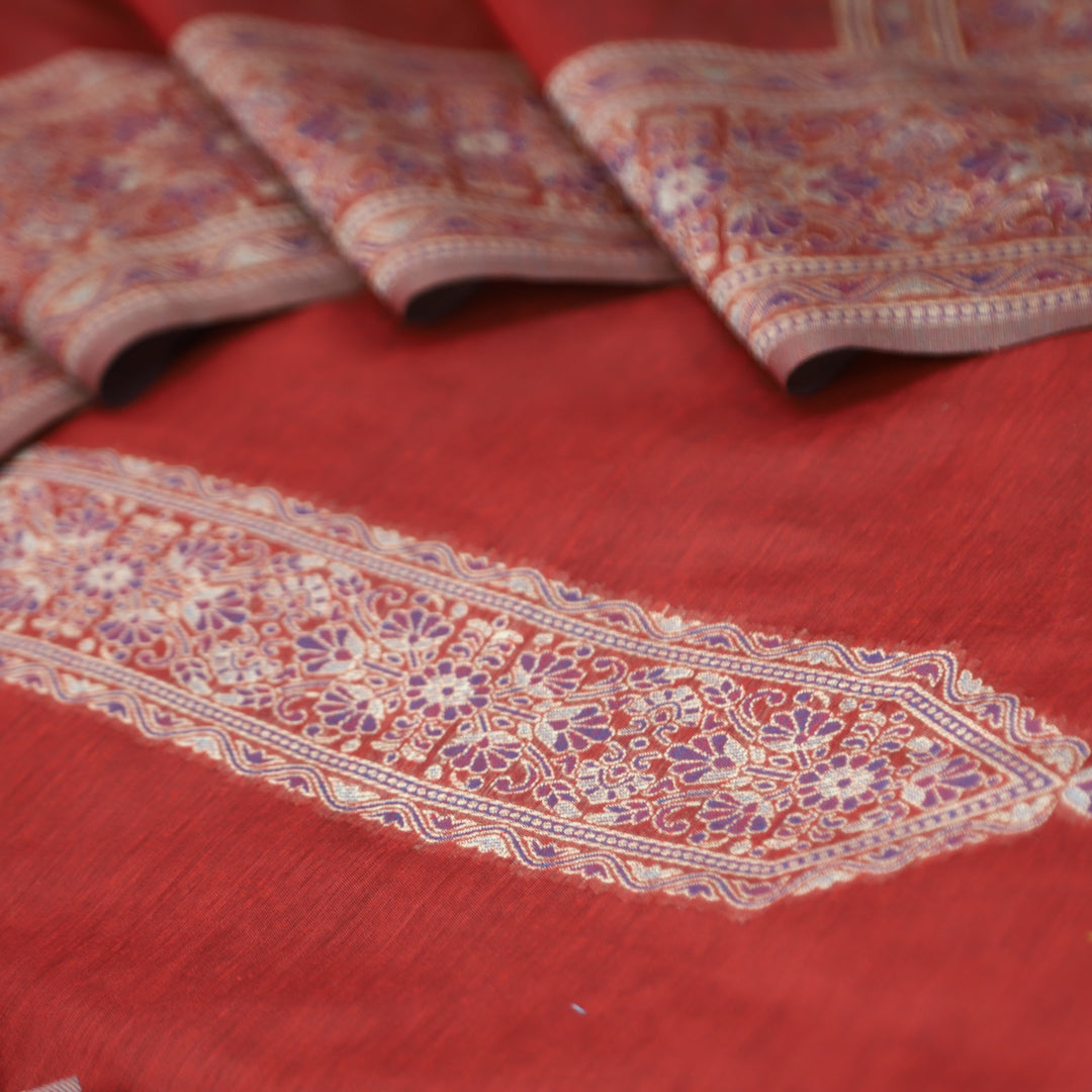 Khavaat Berry Red Thread with Authentic Jamdani Weaved Hem Chanderi Suit Set