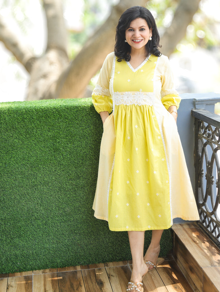 Julia Butter Yellow Floral Lace Cotton Dress