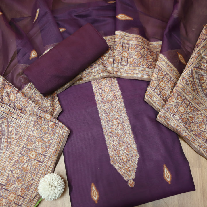 Khavaat Eggplant Purple Thread with Authentic Jamdani Weaved Hem Chanderi Suit Set