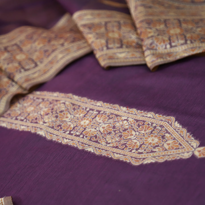 Khavaat Eggplant Purple Thread with Authentic Jamdani Weaved Hem Chanderi Suit Set