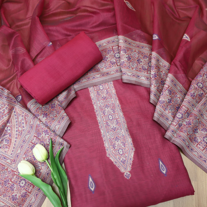Khavaat Magenta Pink Thread with Authentic Jamdani Weaved Hem Chanderi Set